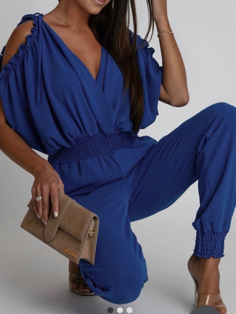 Electric Blue Jumpsuit with Ruched Sleeves